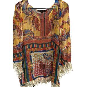 Sienna Rose Sheer Paisley Tunic Top Crochet Hem Size L Summer Boho Layer